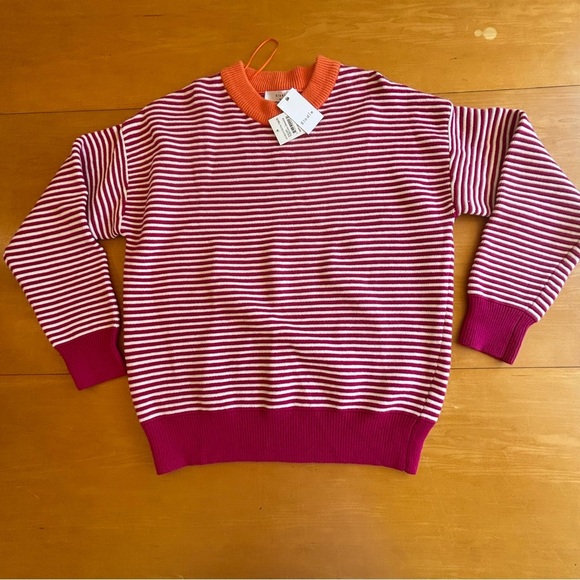 Elodie L NWT fuchsia pink orange and white striped crewneck sweater - Picture 1 of 10